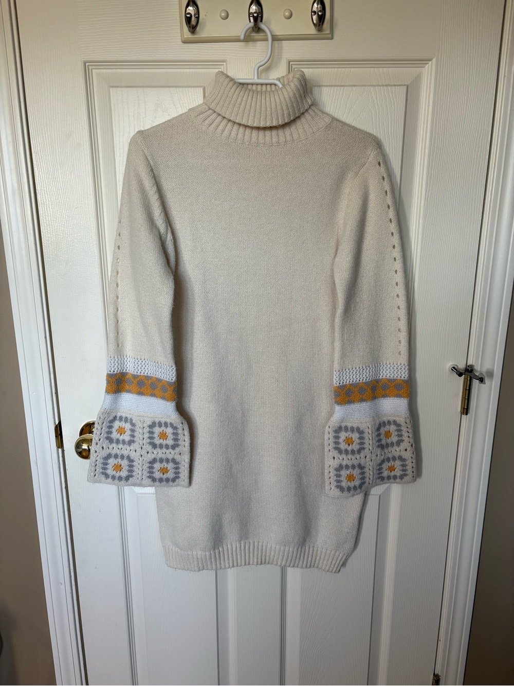 Boho Retro Cottagecore Cream Turtleneck Sweater Dress Bell Sleeve - Picture 2 of 12